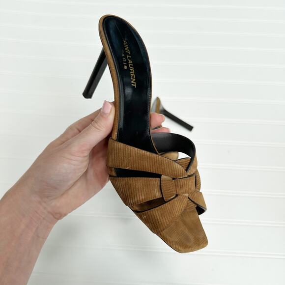 Saint Laurent Tribute 85 Mules Brown Corduroy Woven Heeled Sandals Size 39.5 - Picture 2 of 14
